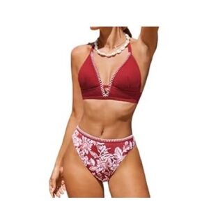 Cupshe Burgundy and White Floral Bikini Set